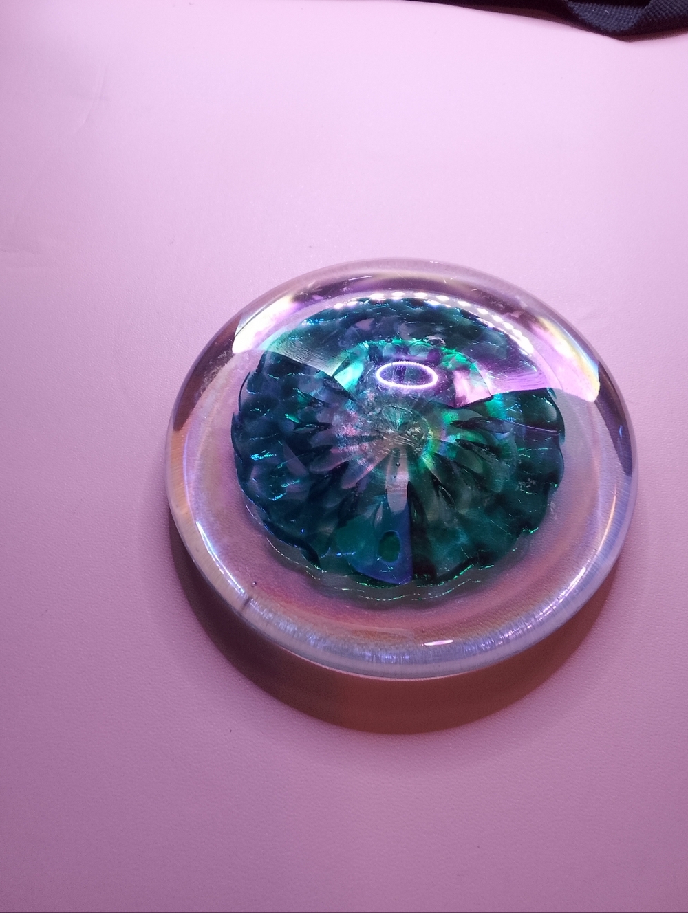 4" flat iridescent glass paperweight signed SS '94